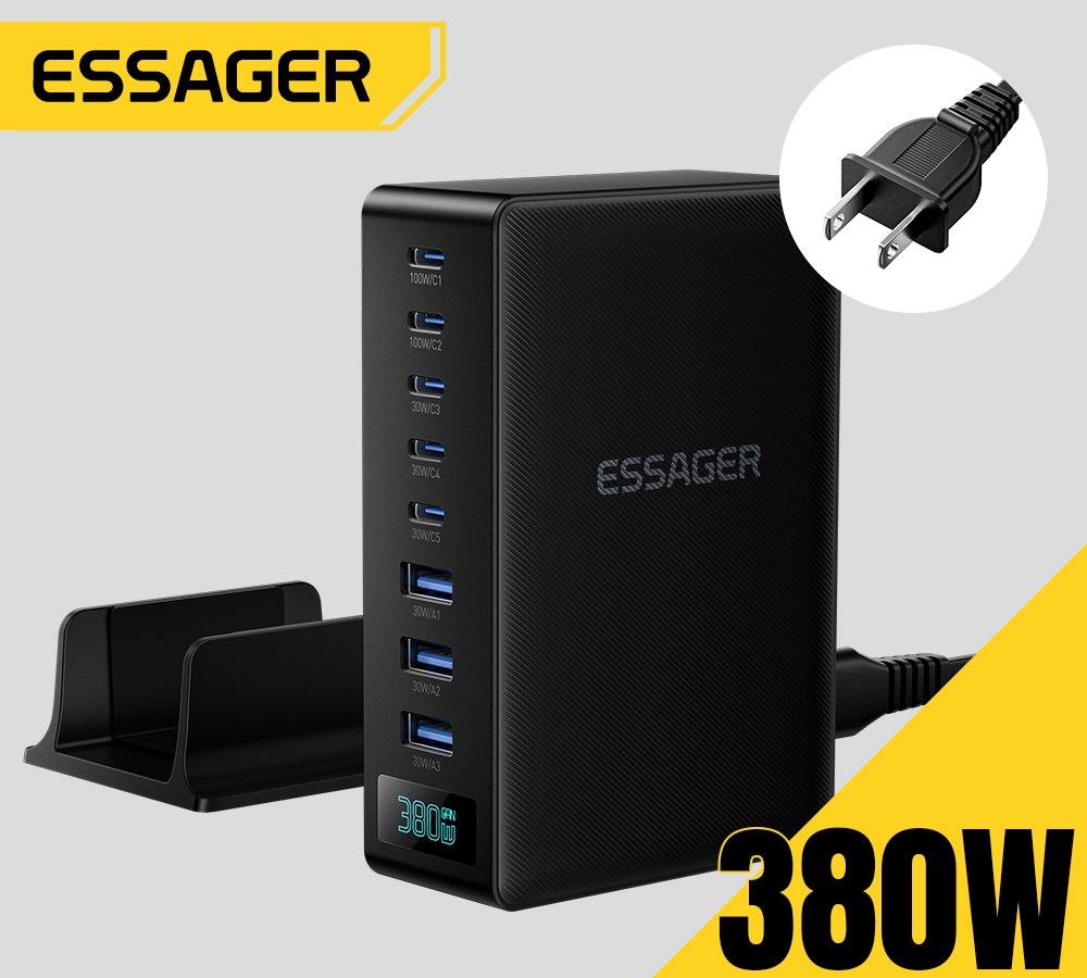 Carregador Essager 380W GaN de Carregamento Rápido, Suporte de Carregamento 8-em-1 para Desktop e Laptop, Compatível com iPhone 171615 Pro Max, MacBook Air, Xiaomi