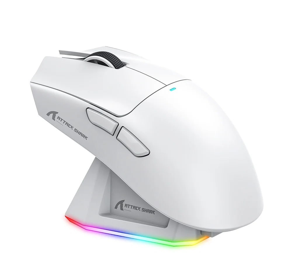 Mouse Gamer sem Fio Attack Shark X11 com Base de Carregamento Magnético RGB, Tri-Mode, 22.000 DPI, Sensor Óptico PAW3311, 5 Botões Branco