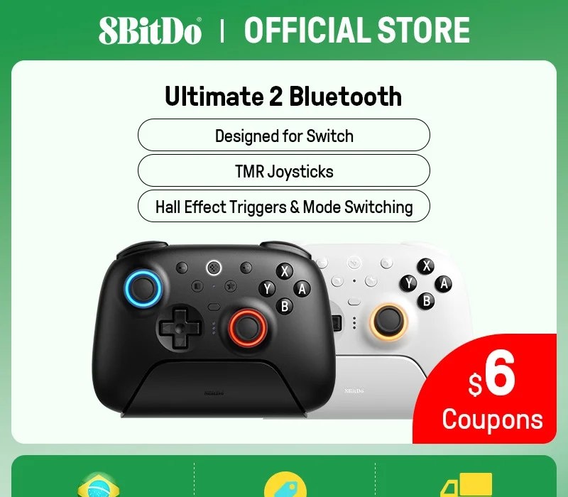 Controle Bluetooth para jogos 8BitDo Ultimate 2 para Switch 2, 1 e PC com Windows, com analógicos TMR, gatilhos comutáveis e controle de movimento