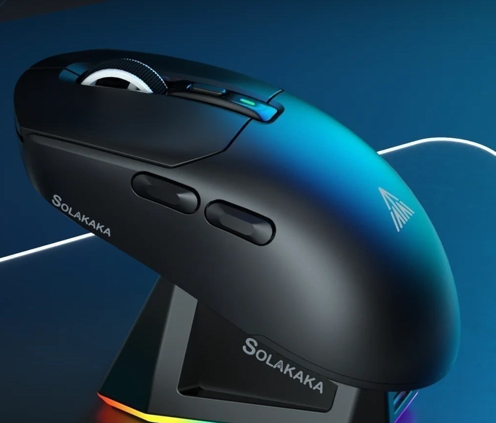 Mouse Gamer SOLAKAKA SM822 Tri-Mode 2.4GHzBluetoothCom Fio PAW3311 24000DPI com Função Macro e Base de Carregamento