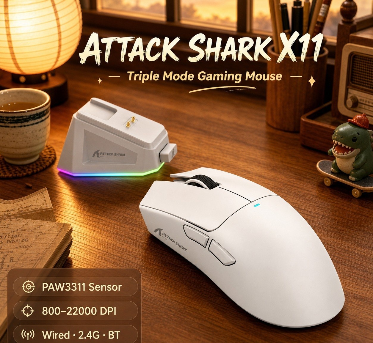 Attack Shark x11 Com Dock Mouse Sem Fio 22000 Dpi Bluetooth Usb PAW3311 3311 se
