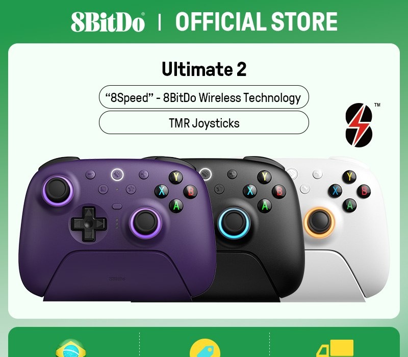 Controle 8BitDo Ultimate 2 Wireless com Dock, RGB, Joystick TMR, Motion Control, Trigger mode, sem fio, 1000mAh, trimode Bluetooth 2.4