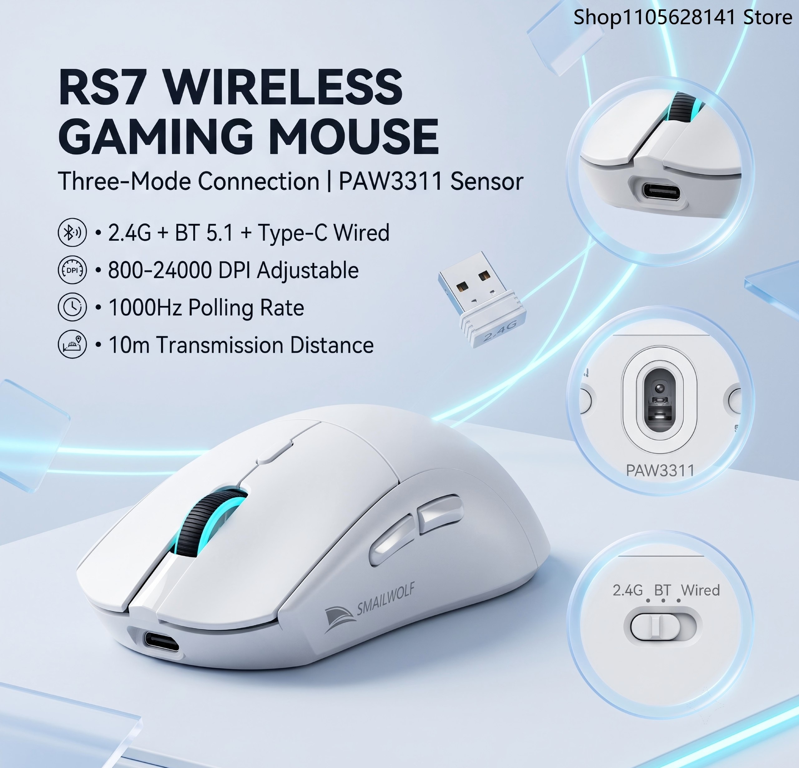 SMAILWOLF RS7, Sensor PAW3311 mouse gamer sem fio rs 7 Sensor Paw 3311 - 3 cores disponíveis