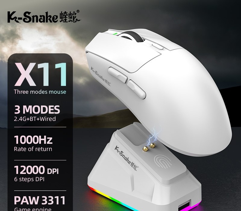 Mouse Sem Fio K-Snake x11 Com Dock PAW3311, 22000DPI, paw 331, Trimode, 1000hz, 63g, ksnake
