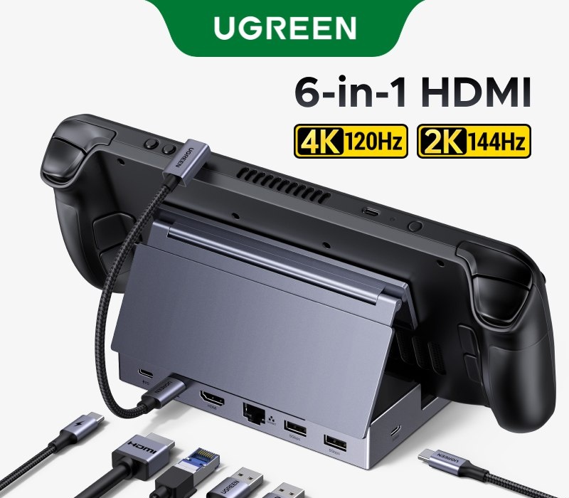 UGREEN USB C HUB Steam Deck Docking Station 6 em 1 Tipo-C para 4K120Hz HDMI 5Gbps USB-AC PD100W 1000Mbps RJ45 para ROG Ally Legion