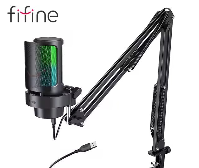 Microfone Condensador Gamer Fifine, RGB, Cardióide, USB Tipo-C, Preto - A8T