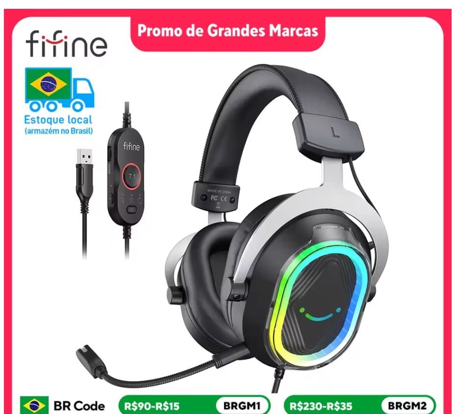 Headset Gamer Fifine Ampligame H13, 7.1 Surround, Microfone Removível, RGB, Para PCPS5Xbox, Preto - H13