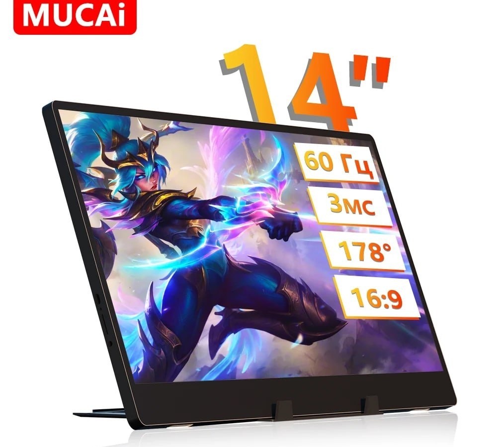 Monitor portátil MUCAI N140-S36 de 14 polegadas, 1366x768, 17860Hz, alto-falantes integrados, 2 portas Type-C, Mini HDMI, para laptopPS5celular.