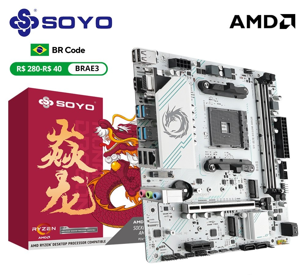 Placa mãe B550m Soyo ARGB Pcie 4.0, 2x Nvme