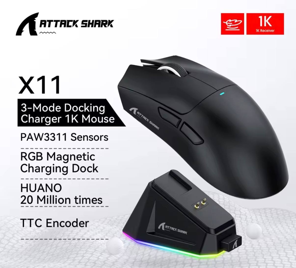 Mouse Sem Fio com Dock Attack Shark X11, Sensor Paw3311