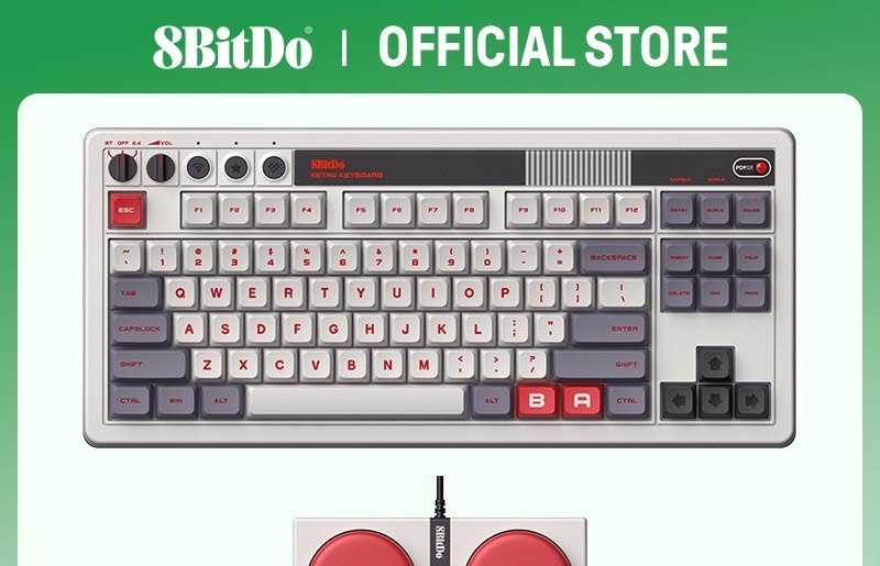Teclado Mecânico Retrô 8BitDo, Teclado Gamer Hot Swappable BT2.4GUSB-C com 87 Teclas, Botões Super Programáveis Duplos, Retro