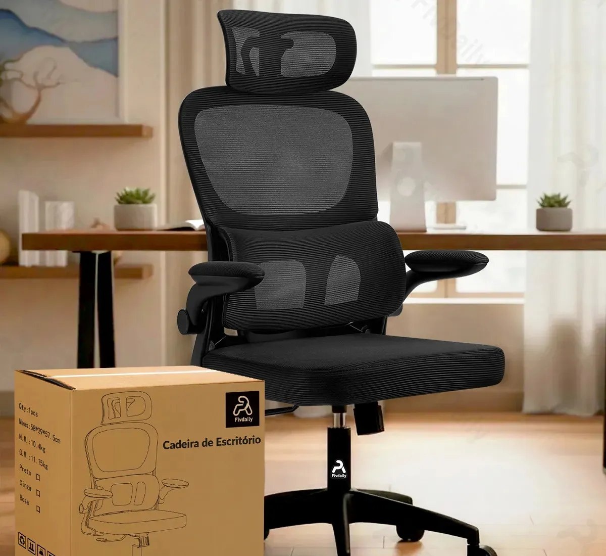 Cadeira de Escritório Sweet Studio Ergonômica Preta, com Apoio de Cabeça e Suporte Lombar