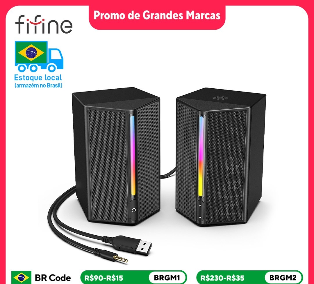Caixinha a20 Caixa de som para jogos FIFINE com som surround estéreo, alto-falante USB RGB com controle de vol para PC, Lattop, PS45, TV-Ampligame A 20