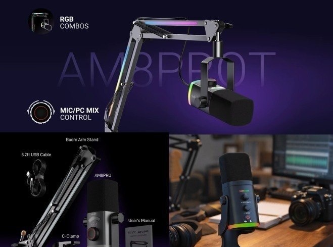 Fifine Am8 Pro com Qualidade de áudio melhor, faixa dinâmica de áudio aumentada para 24 bits  Suporte Braço Articulado com Rgb