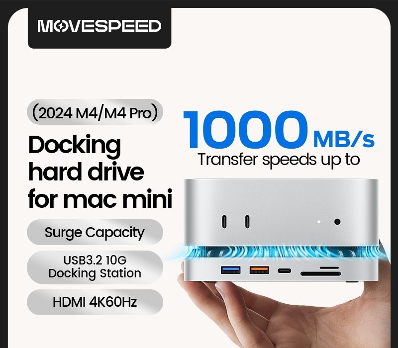 Hub USB-C 13 em 1 MOVESPEED DK5A1 e Suporte para Mac Mini M4M4Pro com Gabinete para SSD, HDMI, RJ45, Conector de 3.5mm, Portas USB AC, Docking