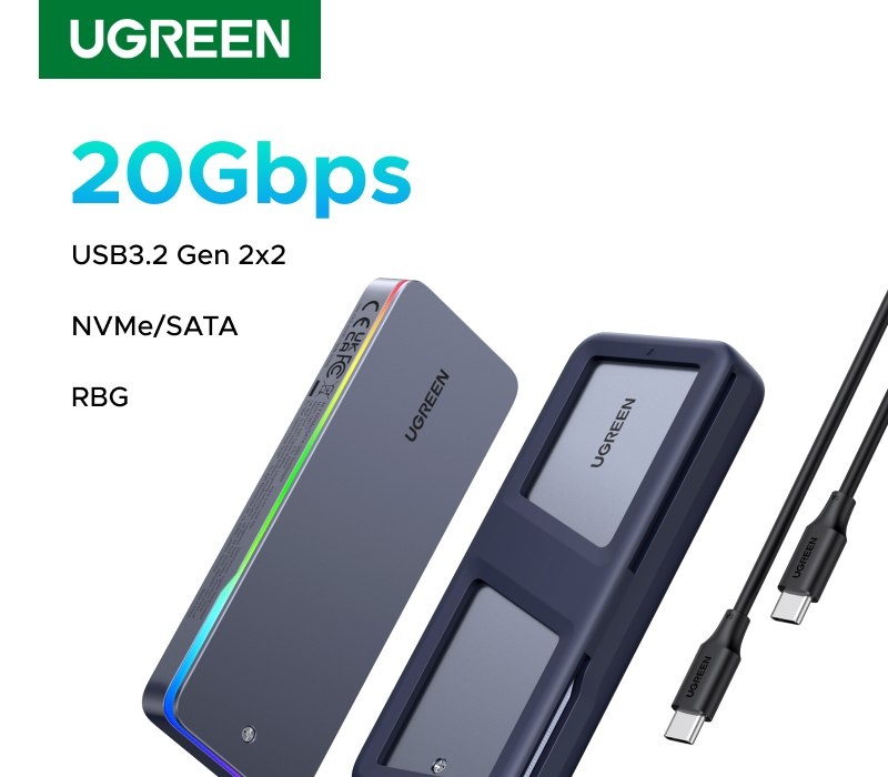 Case para NVME UGREEN 20Gbps M.2 SSD, USB 3.2 Gen2, efeito de iluminação RGB com dissipador