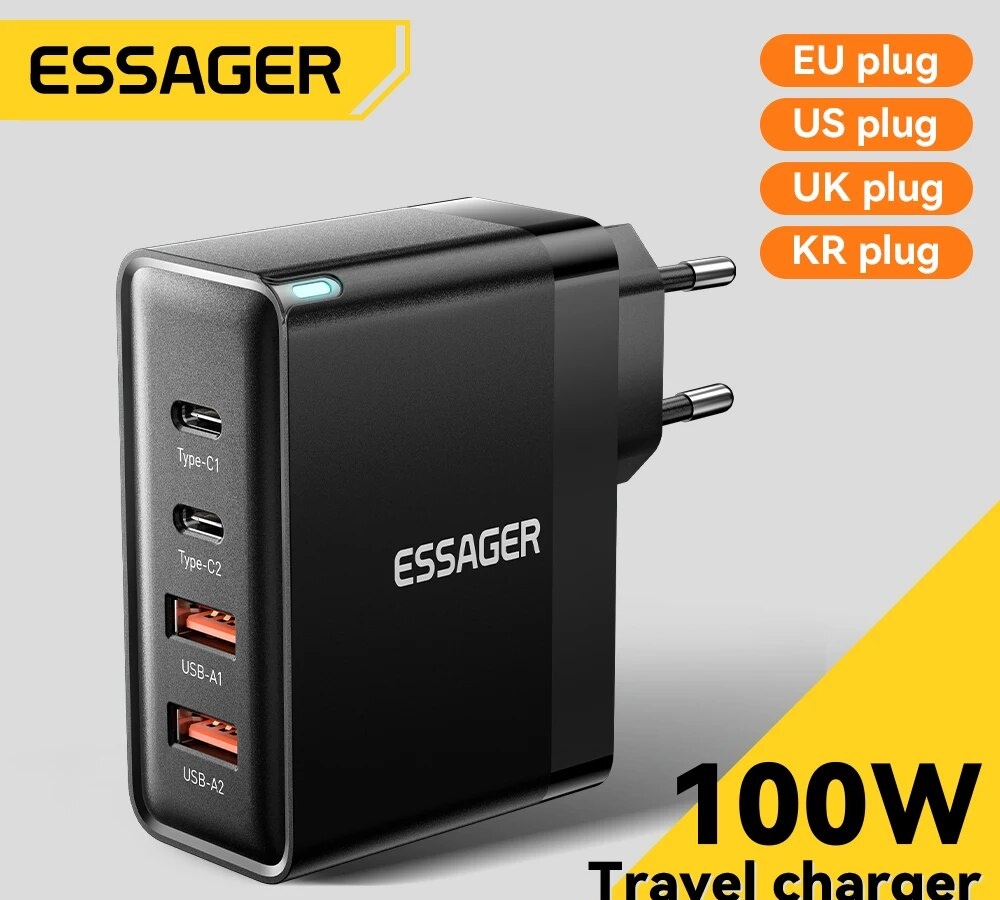 Carregador Essager 100w GaN USB Tipo C Carregador PD QC Carga Rápida 4.0 3.0 Tipo C Ricarica Rapida Por iPhone 14 13 12 Xiaomi Macbook