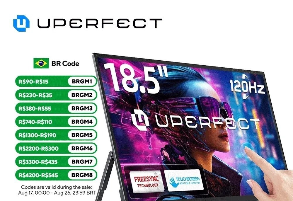 Monitor Portátil TouchScreen UPERFECT Tela sensível ao toque de 18,5 polegadas 120Hz com suporte ajustável VESA e 180  Ultrafino e leve UHD FreeSync IPS HDR touch screen