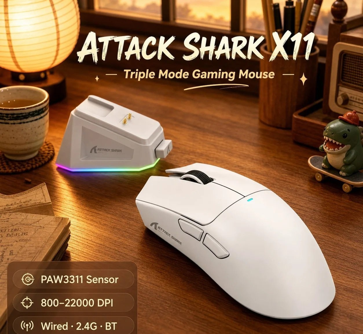 Mouse Sem Fio com Dock Attack Shark X11, Sensor PAW3311