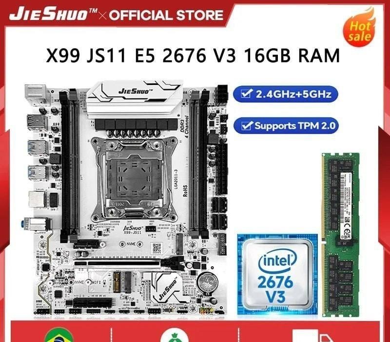 Kit X99 Jieshuo Js11 Argb  Xeon E5 2676 V3  16Gb Ddr3, Chipset C612, Quad Channel, Vrm 8 fases, Tpm 2.0 e Secure Boot