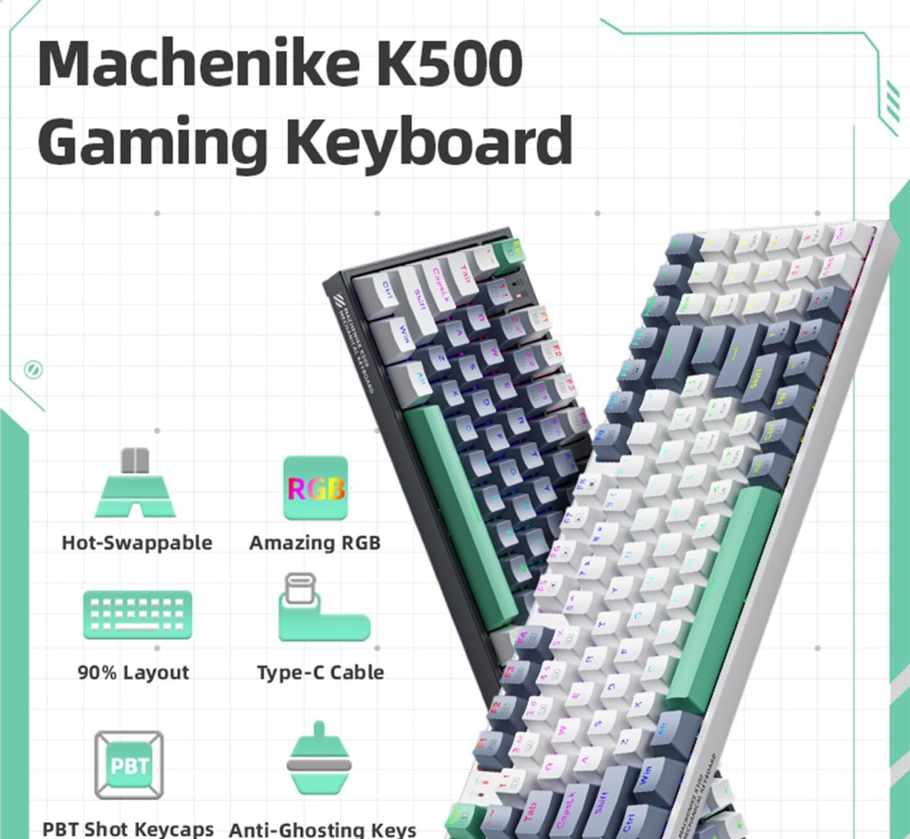 Teclado Gamer Machenike K500-B94 quente swappable 94 teclas 90 layout rgb backlight k500b94