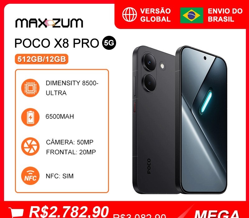 Poco X8 PRO 5G, 512GB12GB, MediaTek Dimensity 8500-Ultra, Bateria de 6500mAh, Câmera de 50MP, Versão Global