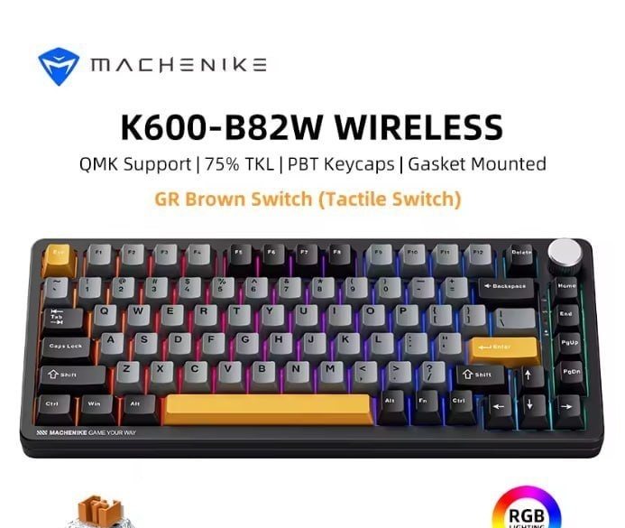 Teclado Mecanico Sem Fio Machenike K600-B82w, Rgb, Teclas Pbt, Tri-mode