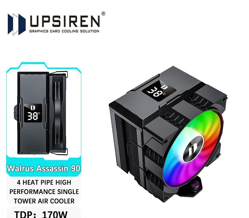 Cooler UPSIREN Walrus Assassin 90 Display Digital 4 Heatpipe CPU Cooler 92mm Para LGA17001200 AM4 AM5