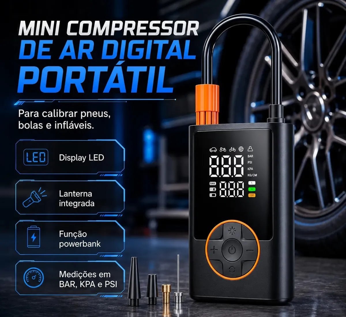 Compressor Portátil Car Air Pump Digital Com Visor Para Carro Moto Bike Calibrador De Pneu Multifuncional