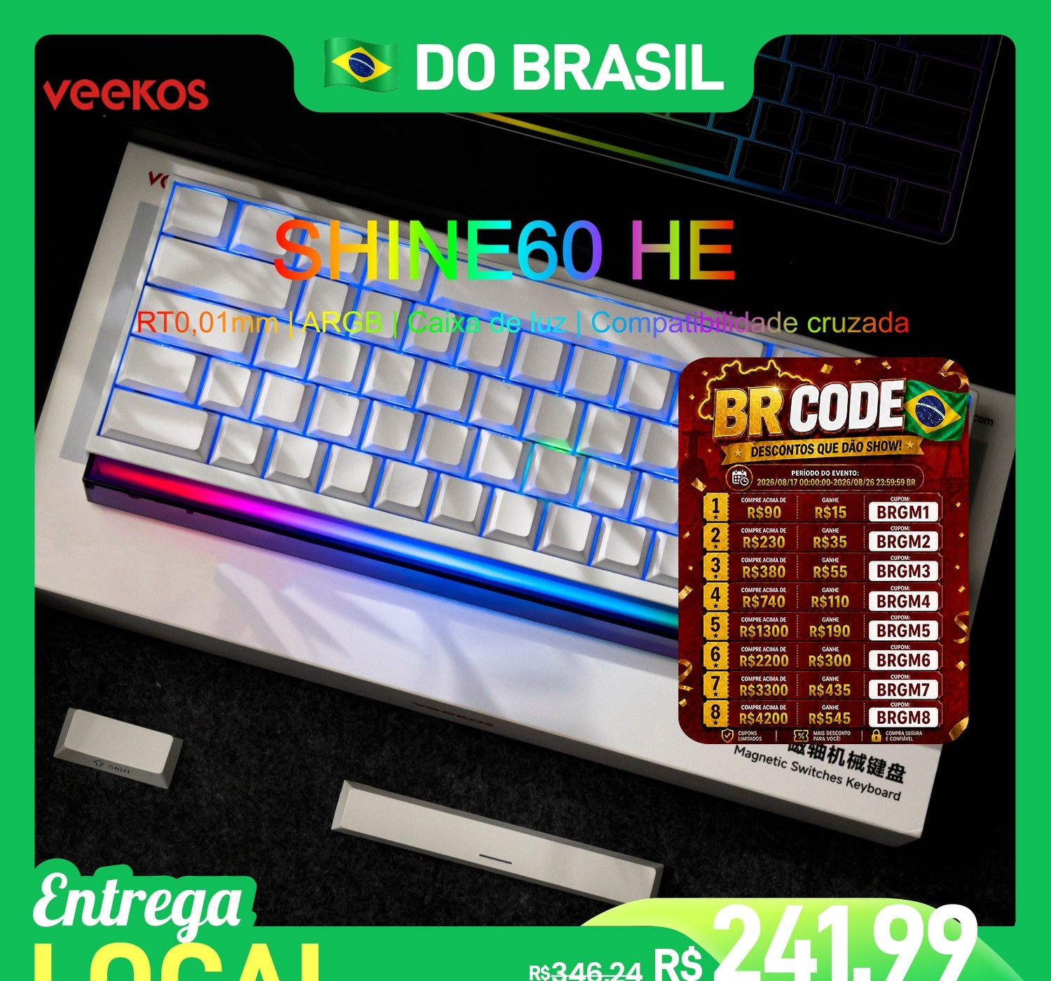 Veekos Teclado Shine60 HE 60 AGRB com Lightbox RT0.01mm Interruptor Magnético 8K
