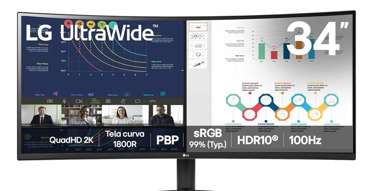 Monitor Lg UltraWide Curvo, QuadHD 2K de 34, Pbp, sRGB 99, Hdr10, 100Hz 34Wr50qk-B