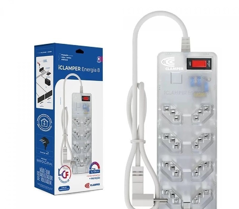 Filtro de Linha Clamper Energia 8 Tomadas Bivolt, com Dps e Proteção Lcf Transparente