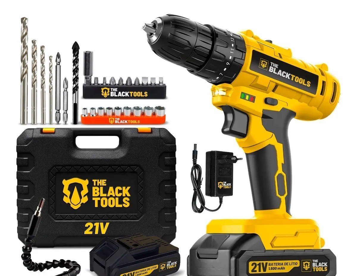 Parafusadeira Furadeira De Impacto A Bateria 21V 38 Bivolt 1400 Rpm Com Acessórios E Maleta Tb-21Pzw The Black Tools