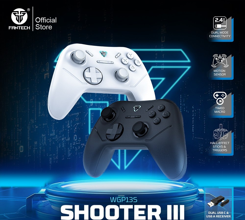 Controle Gamer FANTECH SHOOTER III WGP13S sem fio Gatilhos de efeito Hall e Joystick Polling 1000Hz para PC Android NS