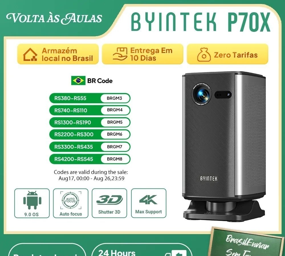 Projetor Portátil BYINTEK BOOK 1 P70X com Bateria Integrada, Suporte 4K, 3D e Wi-Fi para Noites de Cinema ao Ar Livre e Home Theater p70 x