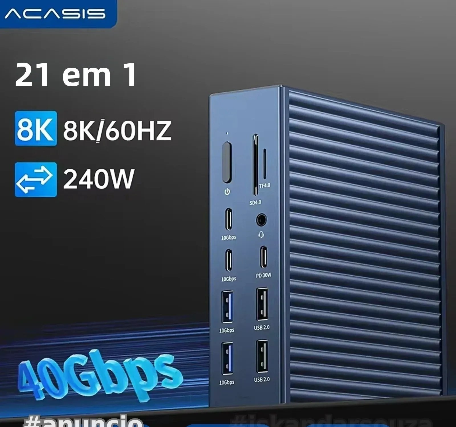 Hub USB-c Acasis 40Gbps Thunderbolt 4 21-em-1  Saída Máxima de 90W para Host 8K 60hz TF SD 4.0 para Edição de Vídeo e Estação de Trabalho Profissional
