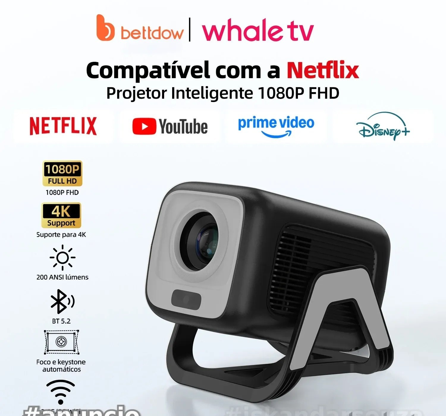 BETTDOW 4K 1080P Full HD Projector Official Netflix Certification 200 ANSI Lumens Android 13 with Voice Control Rotating Stand