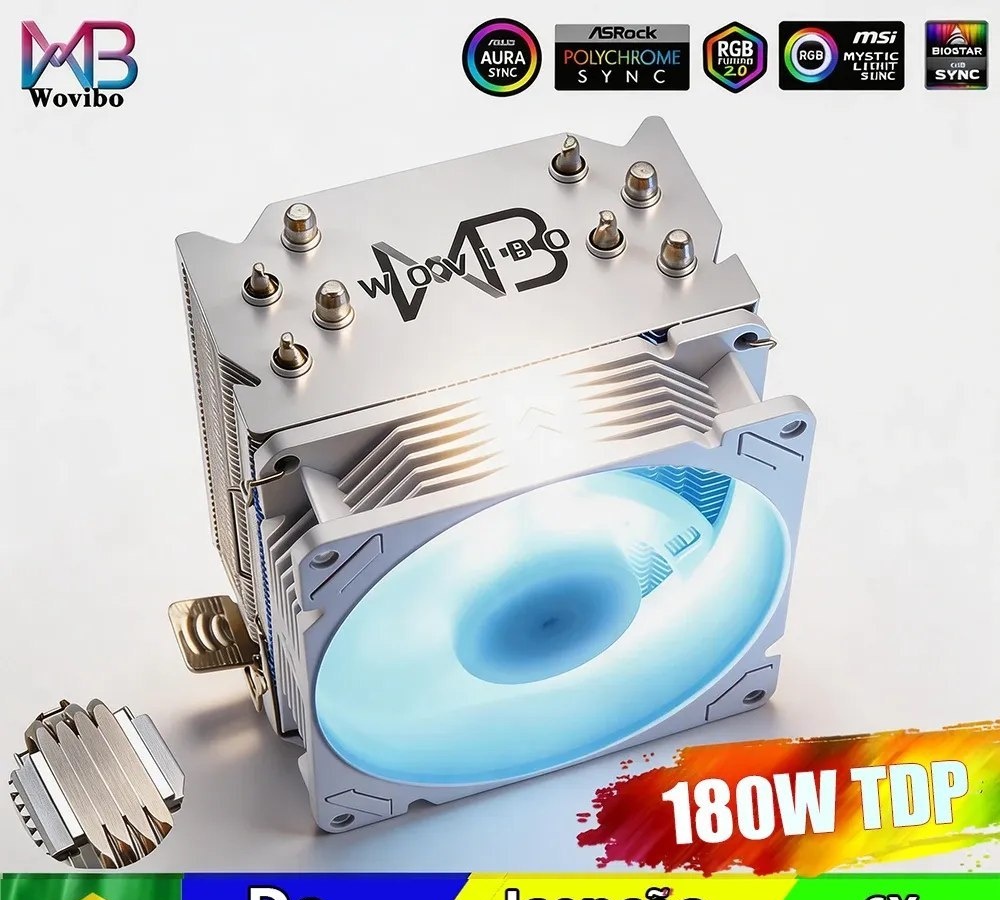 Wovibo Cooler de CPU com 4 Tubos de Calor, Ventilador PWM 4 Pinos ARGB RGB para Intel 115x 1200 1700 2011 X79 X99 AMD AM4 AM5 Radiador