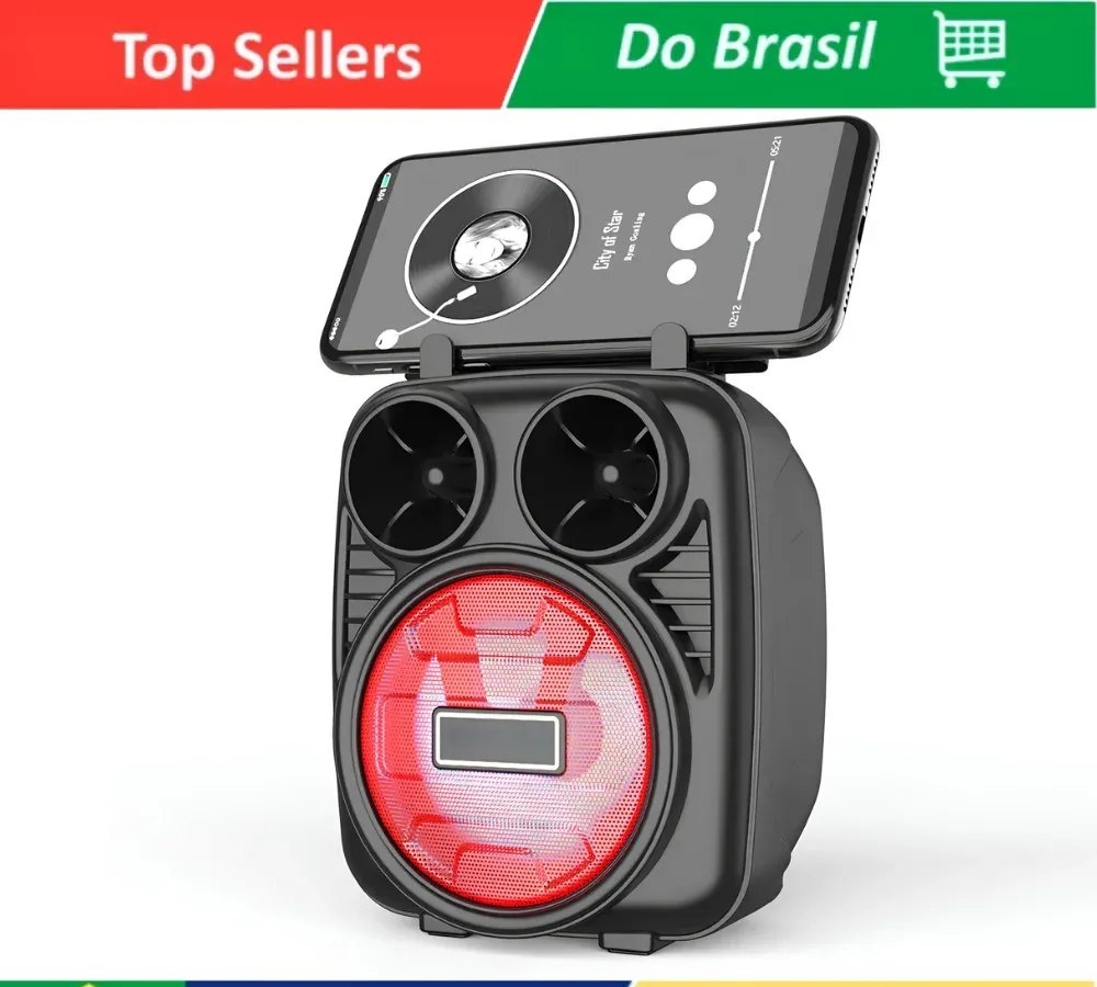 Caixa de Som Bluetooth Portátil com Luz LED, Rádio FM, USB e Cartão SD