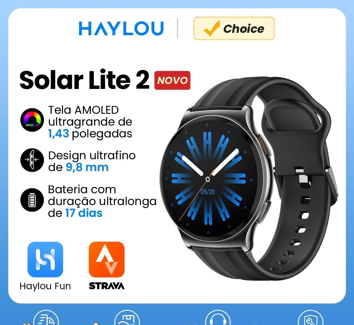 Smartwatch HAYLOU Solar Lite 2 1.43 AMOLED Display 24h Monitoramento de Saúde Mais de 150 Modos Esportivos Chamadas de Voz Relógio Inteligente 1ATM Relógio