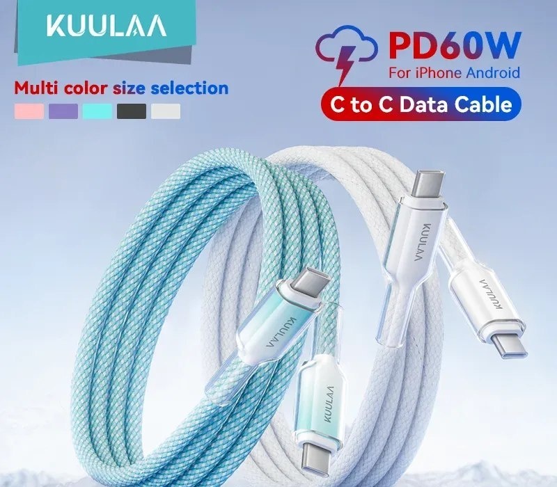 KUULAA Cabo USB C para USB Tipo C Cabo Carregador Rápido PD 60W USBC para Tipo-C Cabo para iPhone16 15 Xiaomi Samsung MacBook iPad