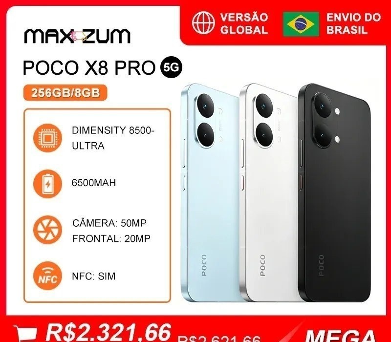 Smartphone Poco x8 PRO 5G, 2568GB, Smartphones e Celulares MediaTek Dimensity 8500-Ultra, Bateria 6500mAh, Versão Global, Câmera 50MP