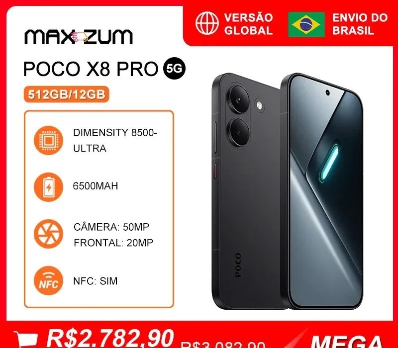 Smartphone Poco x8 PRO 5G, 512GB12GB, MediaTek Dimensity 8500-Ultra, Bateria de 6500mAh, Câmera de 50MP, Versão Global