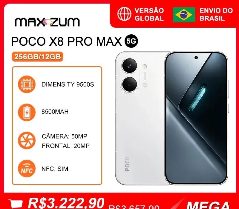 Smartphone Xiaomi Poco X8 Pro Max 5G, 256GB12GB RAM, Smartphone com Processador MediaTek Dimensity 9500s, Bateria de 8500 mAh, Versão Global
