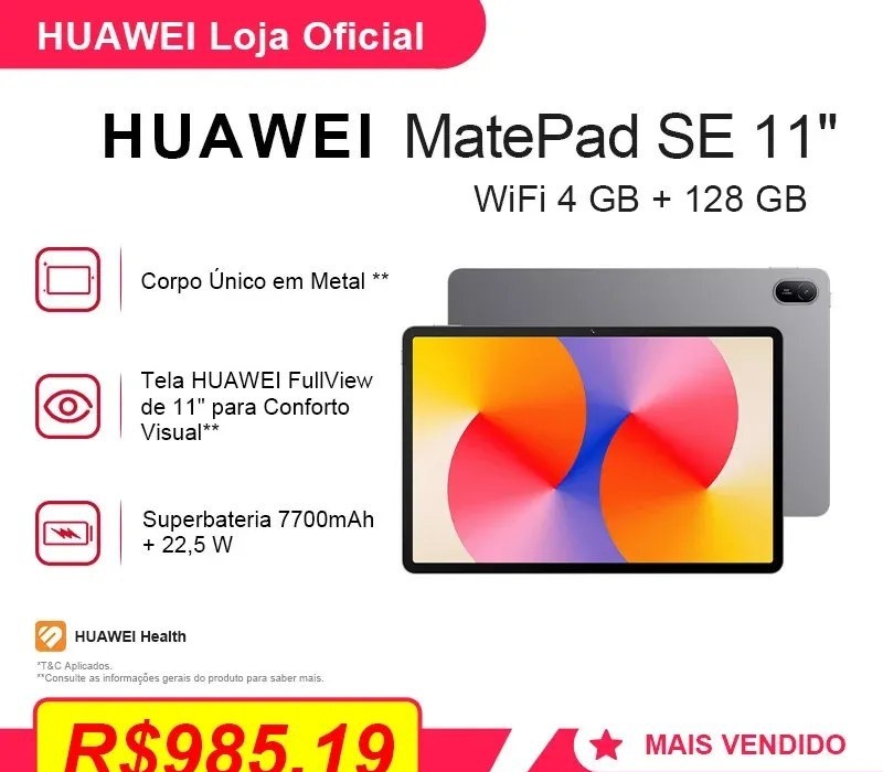 Tablet HUAWEI MatePad SE 11 1284  Tablet  Design Corpo Único Metal  7700 mAh  Superbateria de 22,5 W
