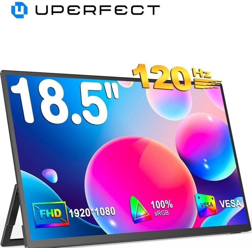 Monitor Portátil UPERFECT 18,5, IPS, Monitor LCD, 120Hz 1080p FHD HDR, HDMI USB C, alto falantes duplos rotativos VESA USB OTG