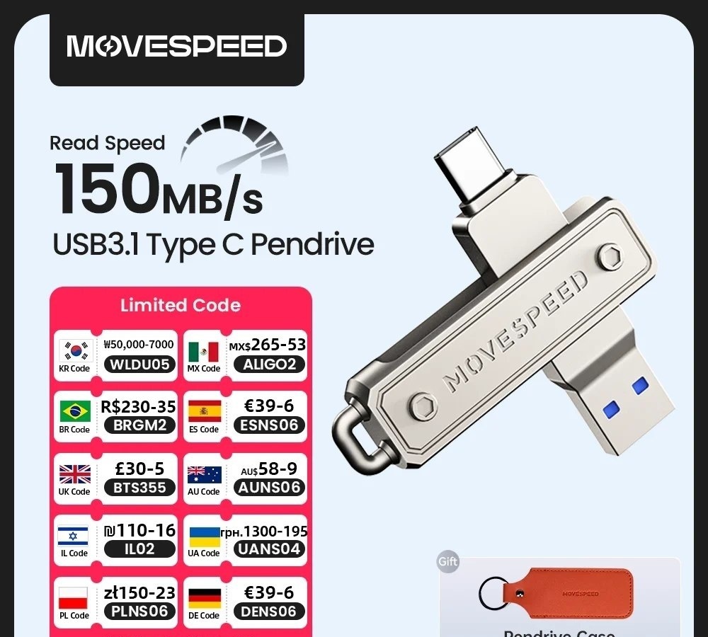 Pen Drive MOVESPEED 150 MBs USB 3.1 Type C, 32GB, 64GB, 128GB, 256GB, 512GB pendrive