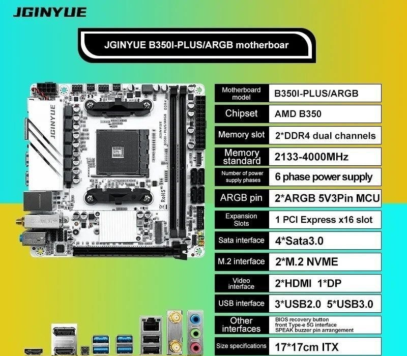 Placa mãe AM4 JGINYUE B350i ITX PLUS ARGB