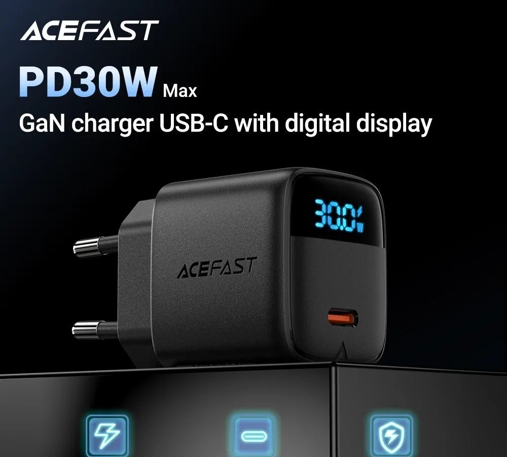 Carregador 30w Acefast gan pd30w ue telefone carregador de carregamento rápido para iphone 1615 pro max usb c parede led adaptador exibição digital para samsung s25