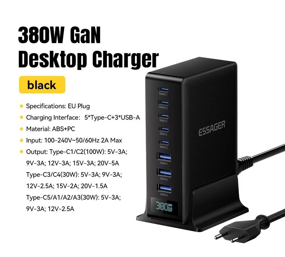 Carregador Essager 380w GaN de Carregamento Rápido, Suporte de Carregamento 8-em-1 para Desktop e Laptop, Compatível com iPhone 171615 Pro Max, MacBook Air, Xiaomi